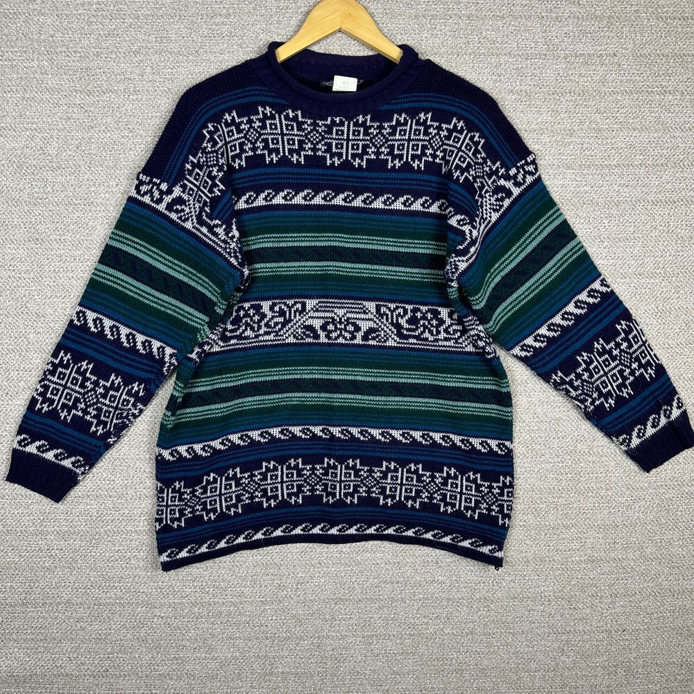 Vtg JJ Browne Sz M Grandpa Sweater Grunge Made USA Blue Striped Geo‎ Grunge Snow
